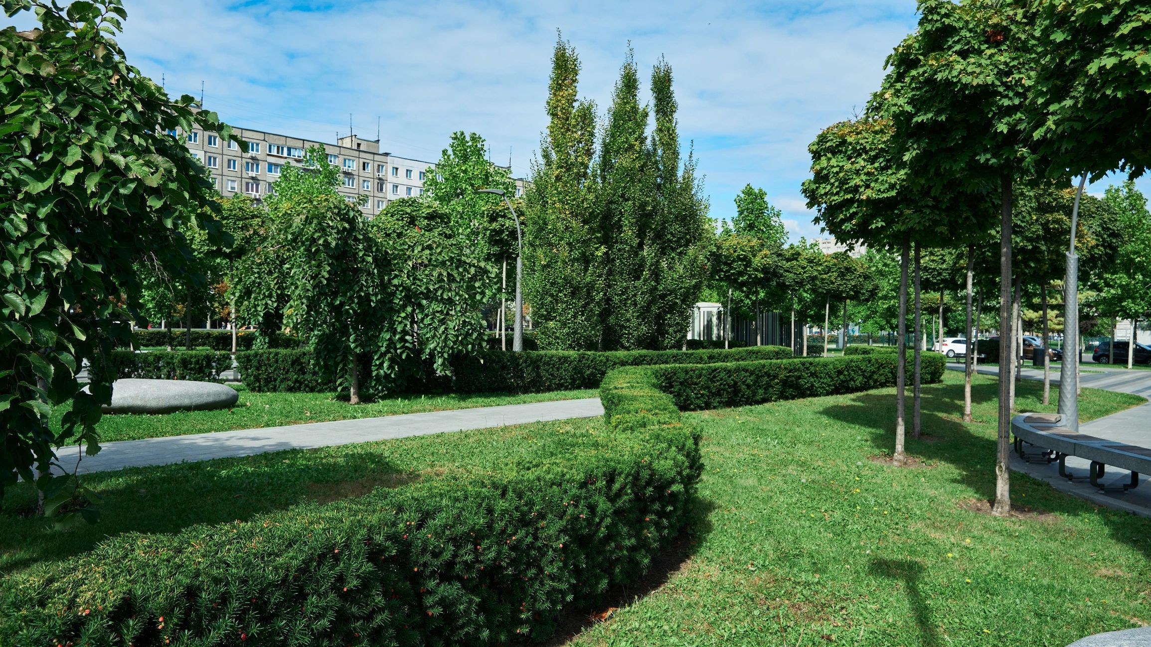 Landscaped outdoor space with trimmed greenery and trees